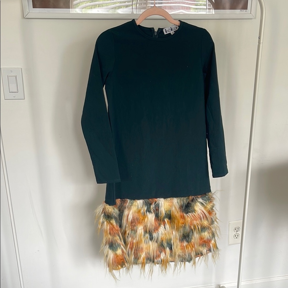 L'AGENCE Black Long-Sleeve Dress with Multi-Color Faux Fur Hem